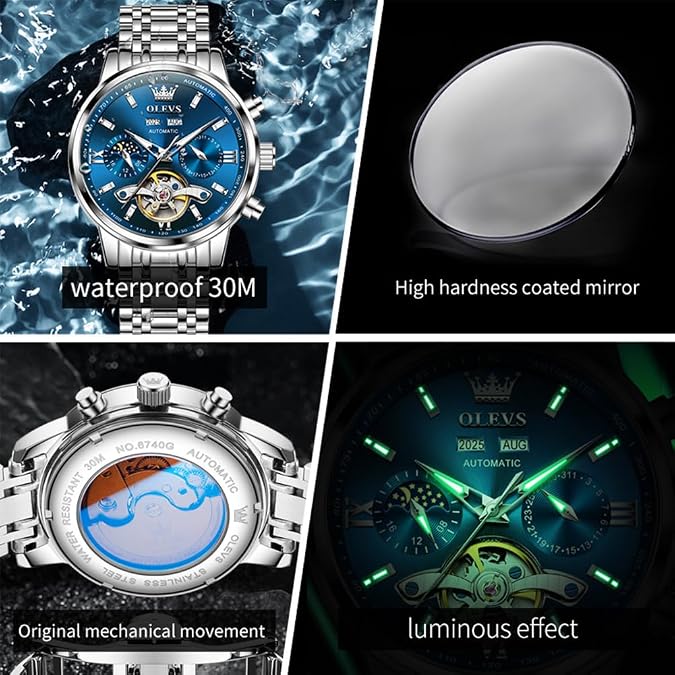 OLEVS Automatic Watches for Men Luxury Skeleton Mechanical Watch Self Winding Date Waterproof Luminous Mens Watch